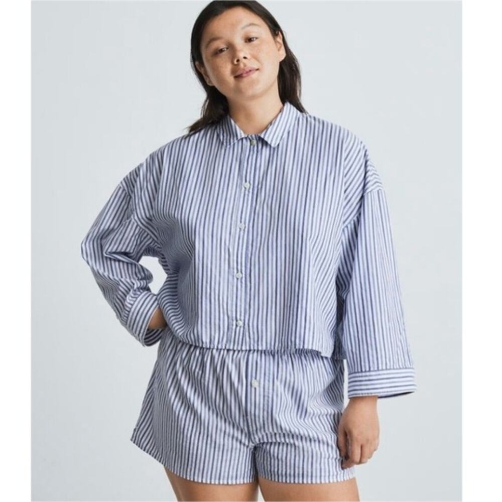 NWT Everlane The Woven PJ Button Down Crop Top Blue White Stripe Cotton Medium - Picture 16 of 16